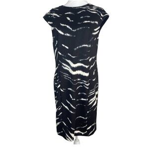 Michael Kors Black Ivory Zebra Print Sleeveless Lace Shoulders Mid Dress Medium